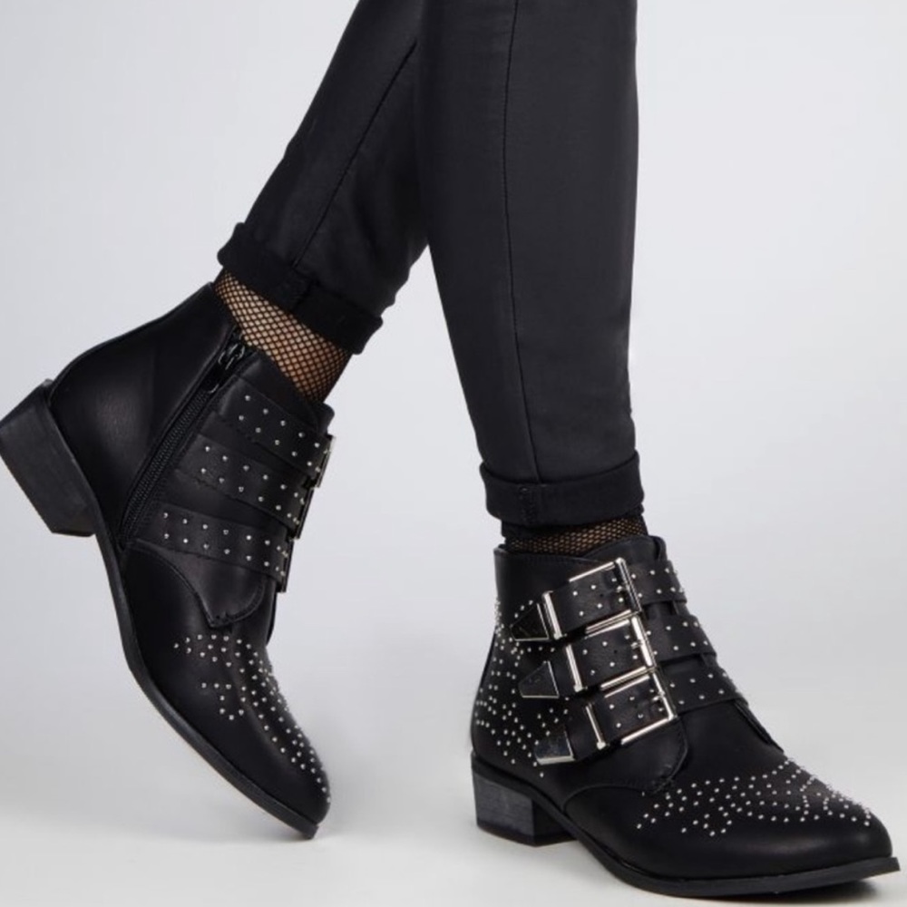 100% Leather Studded +Belted Ankle Boots